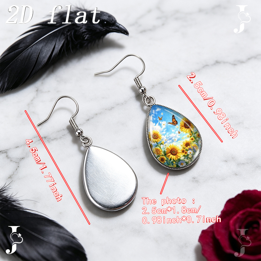 Teardrop Dangle Earrings with Sunflower Butterfly Pattern, Handmade Gift